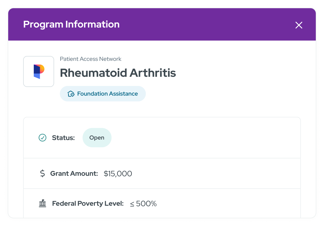 Program information card with apply button from assistance program results